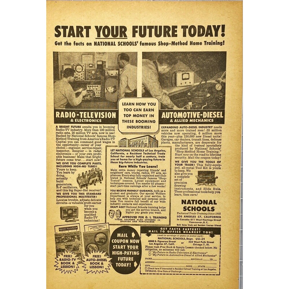 National Schools Radio-TV and Auto-Diesel *Start your Future Today Print Ad 1954